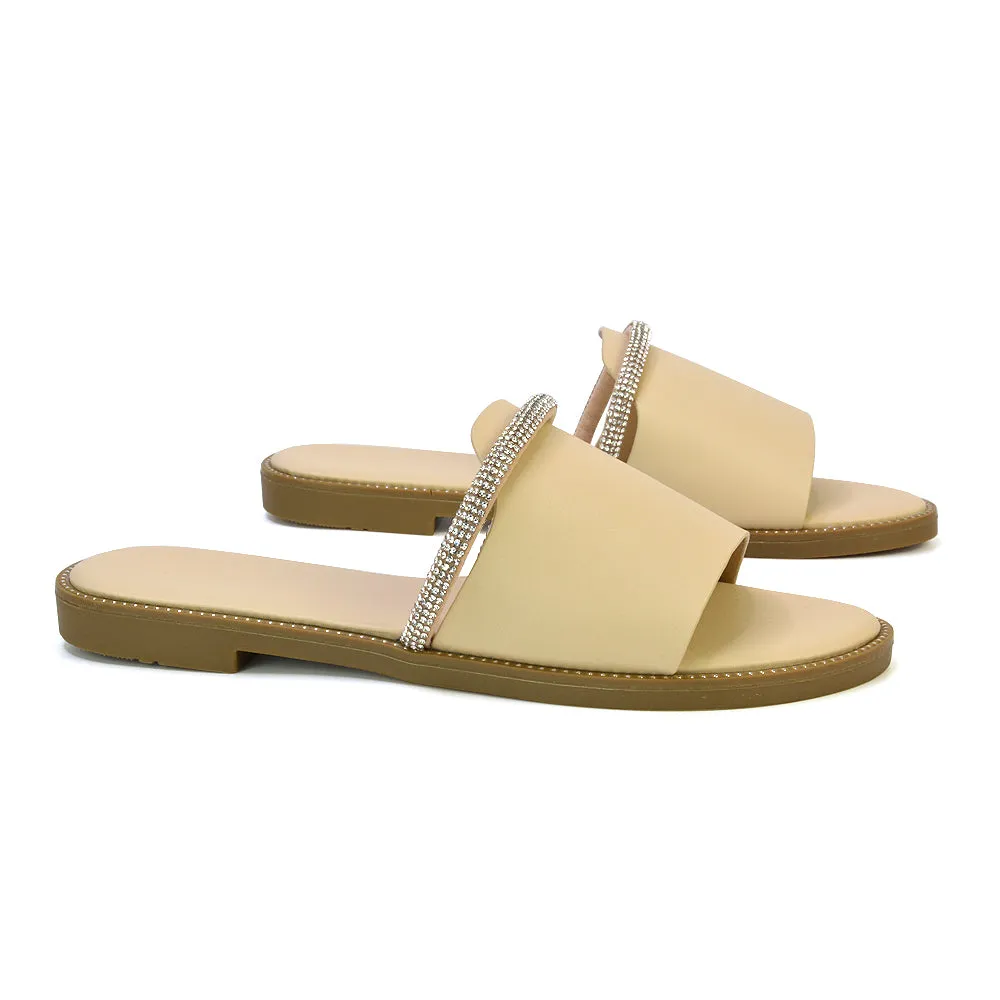 Khai Flat Sandal Summer Slip On Sliders With Diamante Rhinestone Strap in Nude