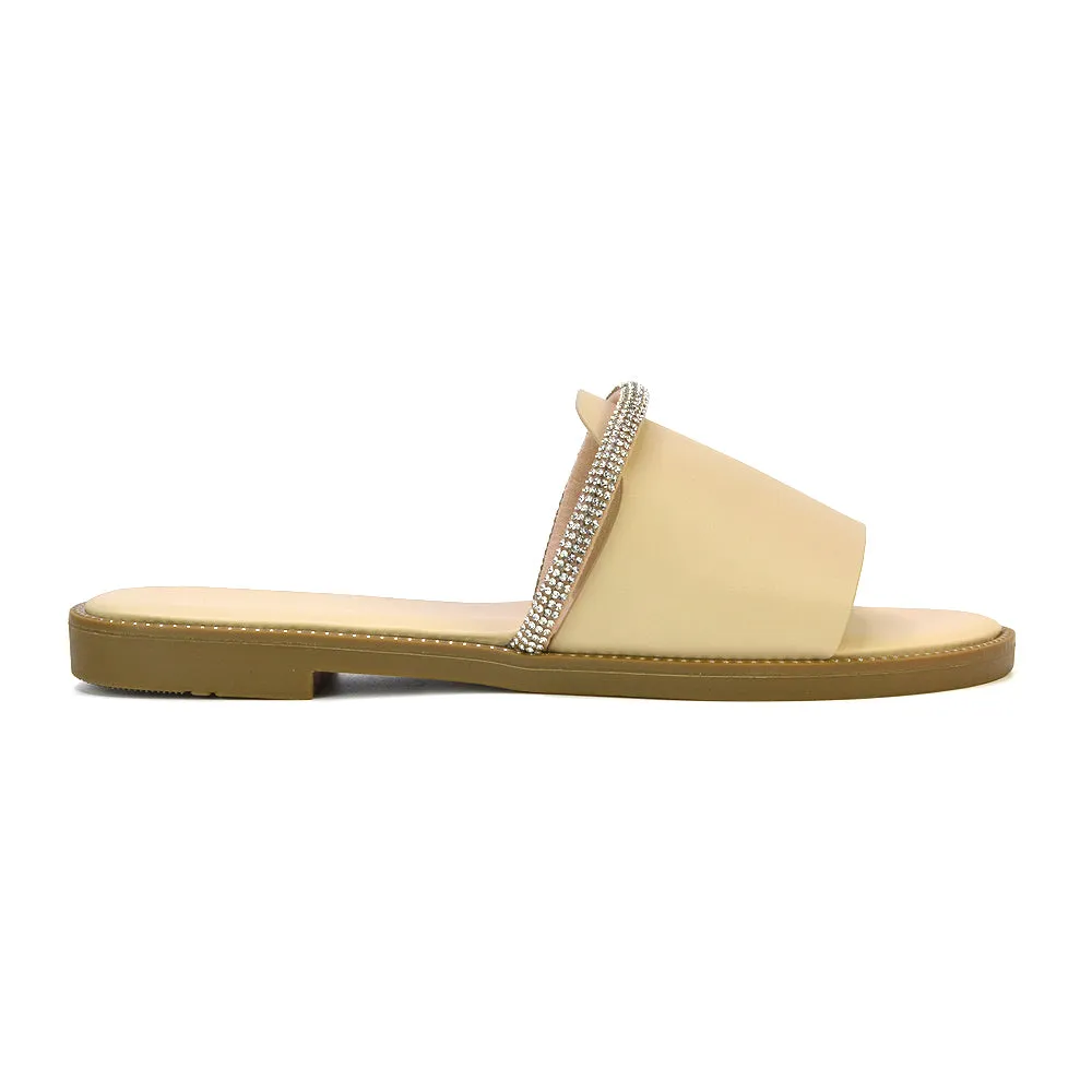 Khai Flat Sandal Summer Slip On Sliders With Diamante Rhinestone Strap in Nude