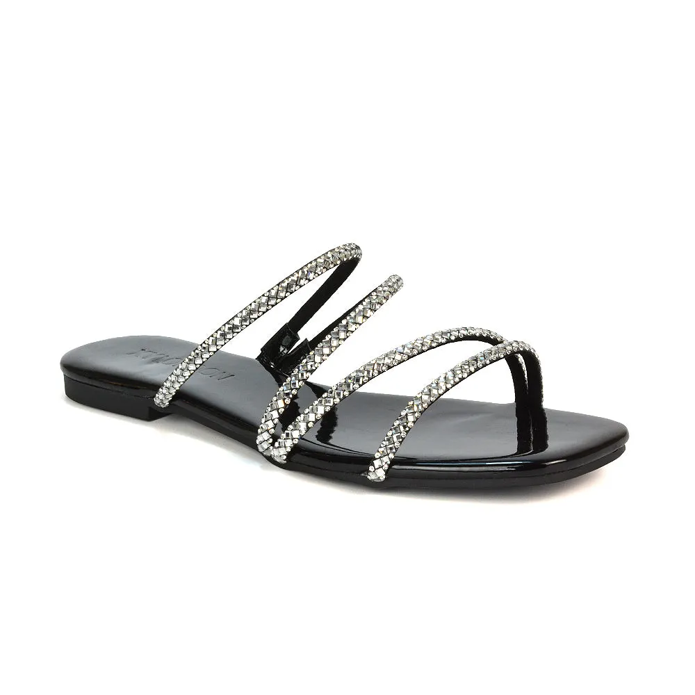 Kiki Slip On Sliders Diamante Flat Sandal Summer Shoes With Square Toe in Black