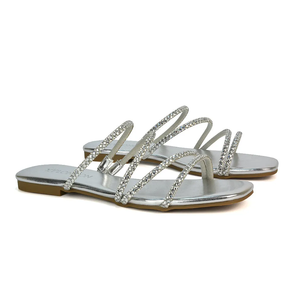 Kiki Slip On Sliders Diamante Flat Sandal Summer Shoes With Square Toe in Black