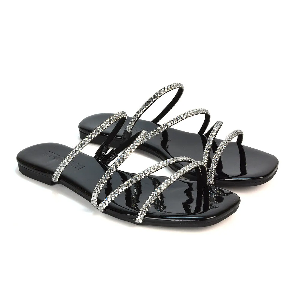 Kiki Slip On Sliders Diamante Flat Sandal Summer Shoes With Square Toe in Black