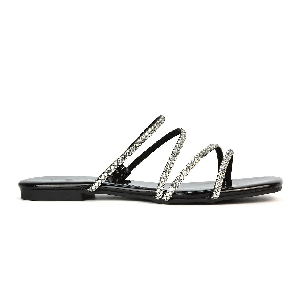 Kiki Slip On Sliders Diamante Flat Sandal Summer Shoes With Square Toe in Black