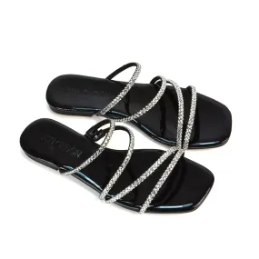 Kiki Slip On Sliders Diamante Flat Sandal Summer Shoes With Square Toe in Black