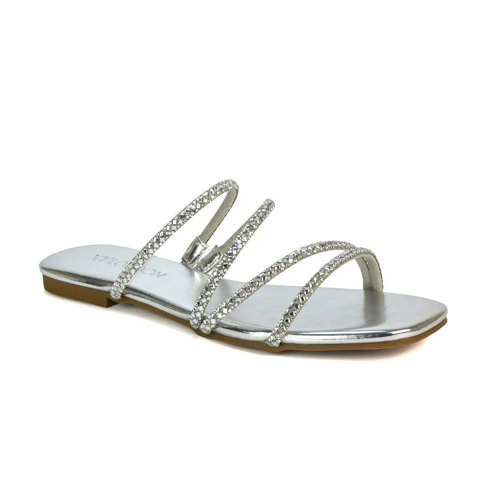 Kiki Slip On Sliders Diamante Flat Sandal Summer Shoes With Square Toe in Black