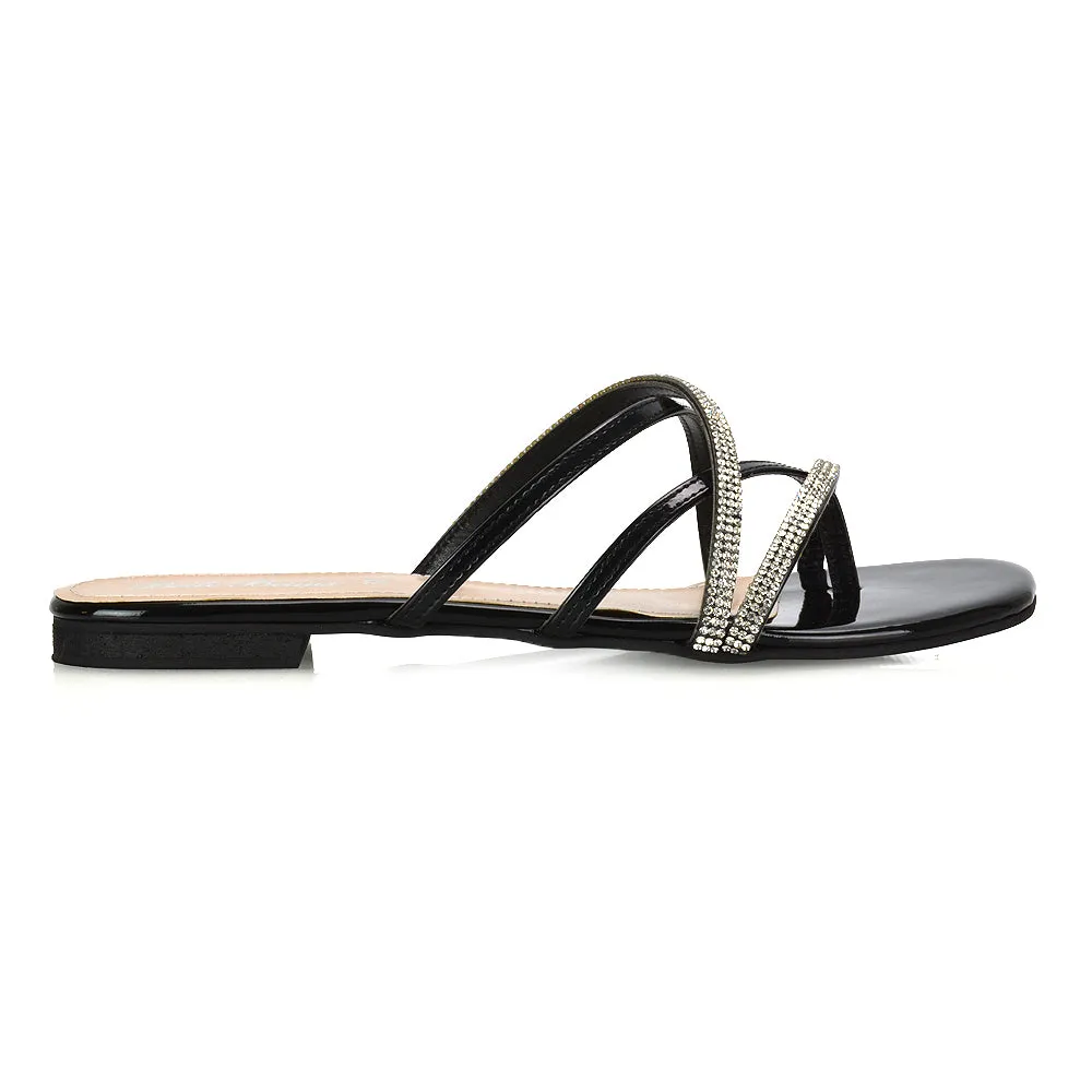 LORETTA CROSS OVER STRAPPY SLIP ON FLAT DIAMANTE SANDALS IN SILVER METALLIC