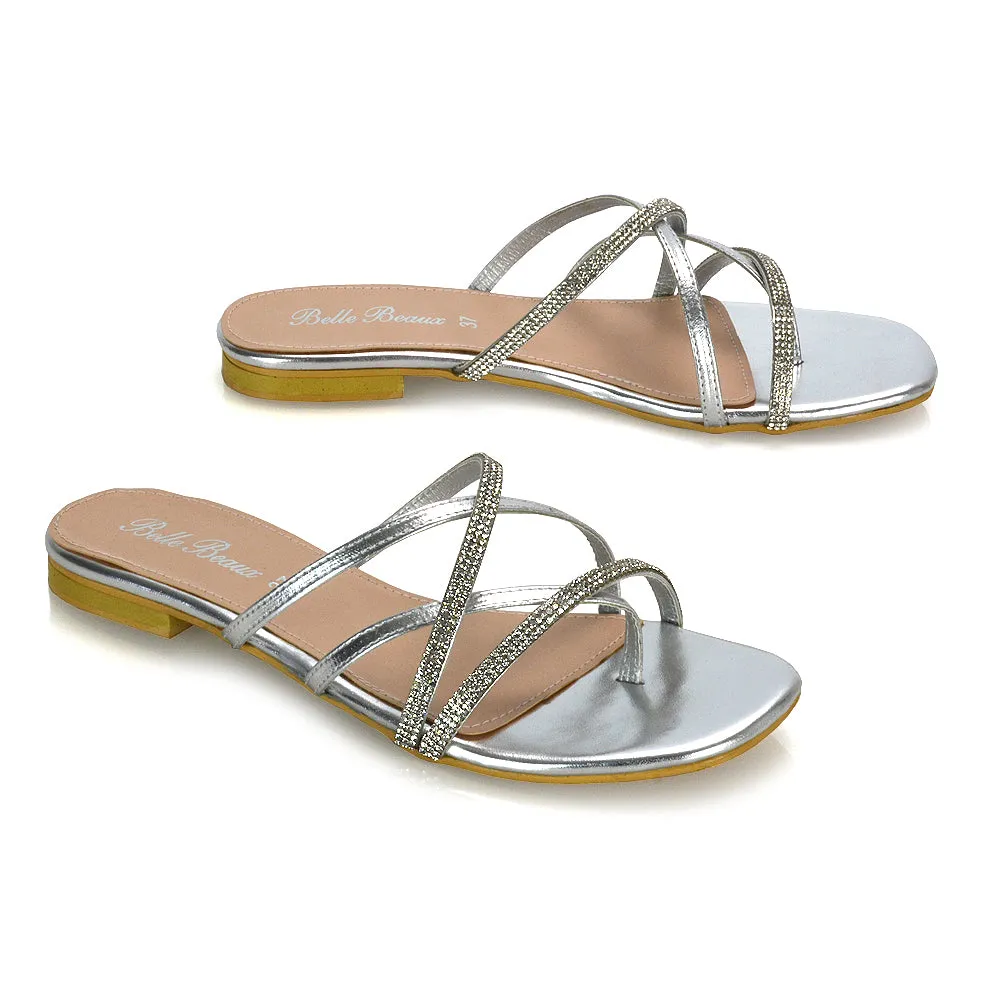 LORETTA CROSS OVER STRAPPY SLIP ON FLAT DIAMANTE SANDALS IN SILVER METALLIC