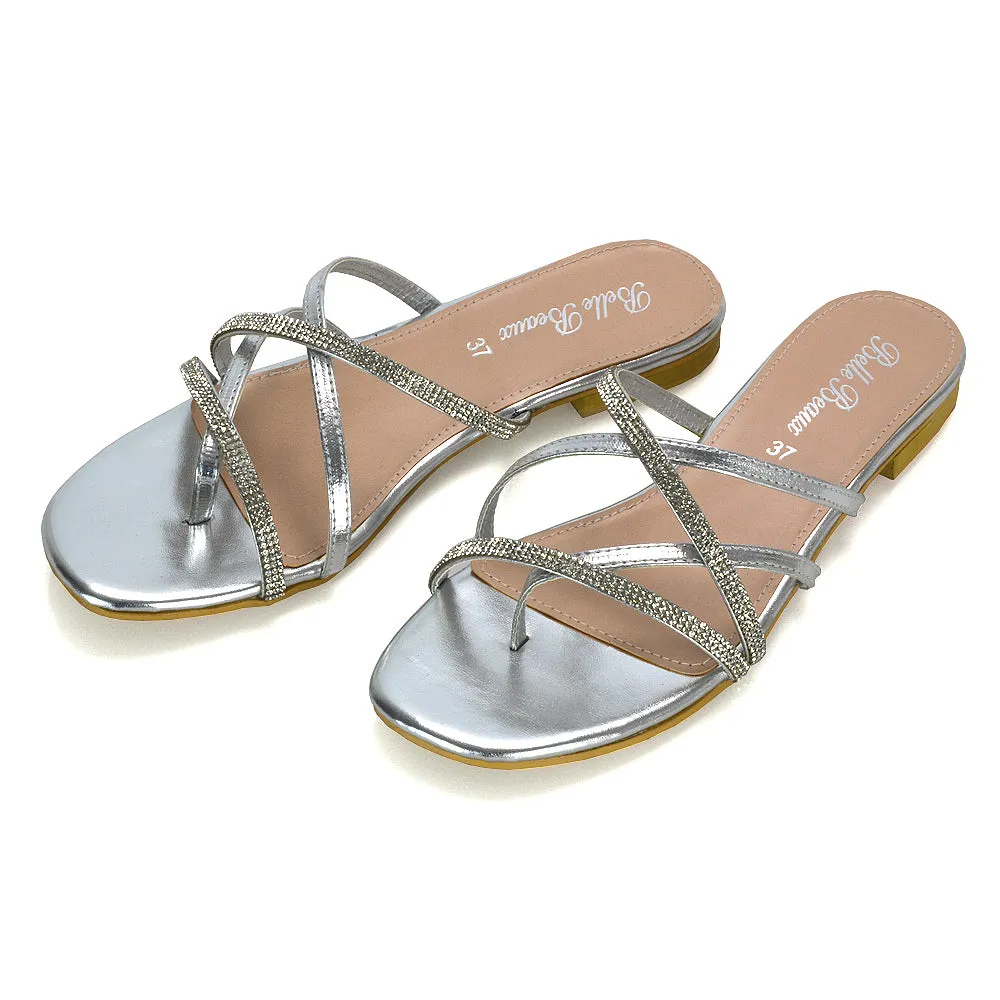 LORETTA CROSS OVER STRAPPY SLIP ON FLAT DIAMANTE SANDALS IN SILVER METALLIC