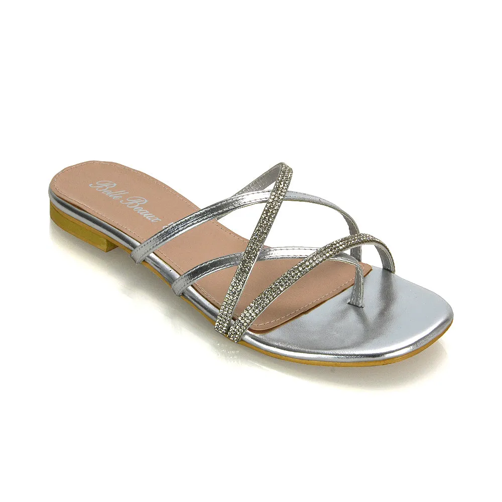 LORETTA CROSS OVER STRAPPY SLIP ON FLAT DIAMANTE SANDALS IN SILVER METALLIC