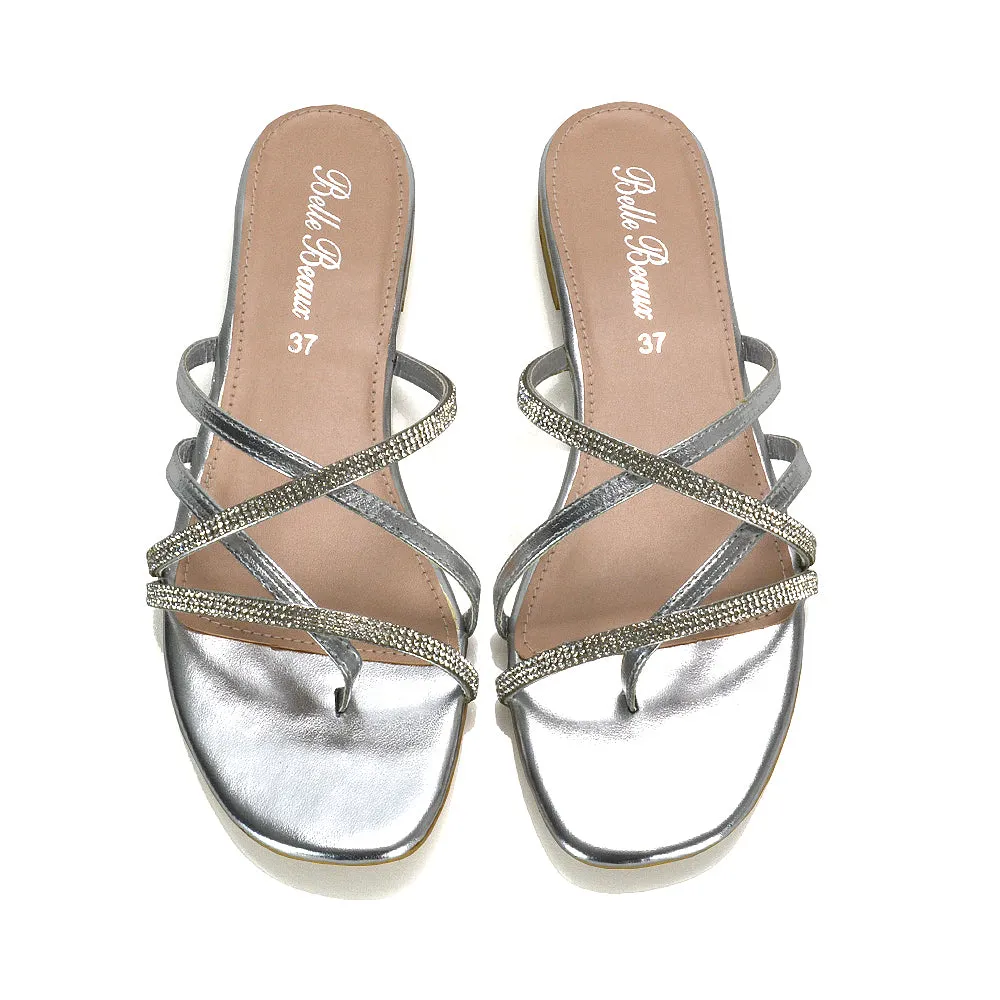 LORETTA CROSS OVER STRAPPY SLIP ON FLAT DIAMANTE SANDALS IN SILVER METALLIC