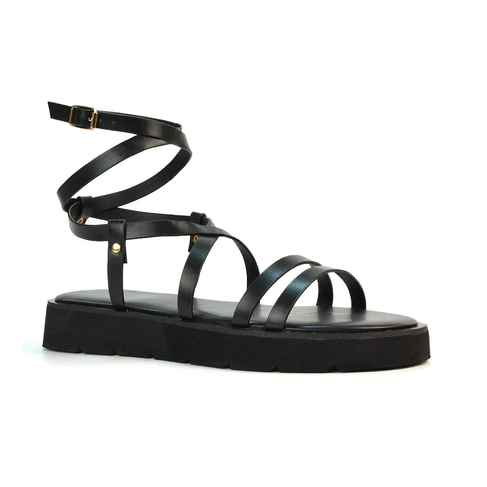 Luana Lace Up Strappy Flatform Festival Summer Flat Sandals in Black