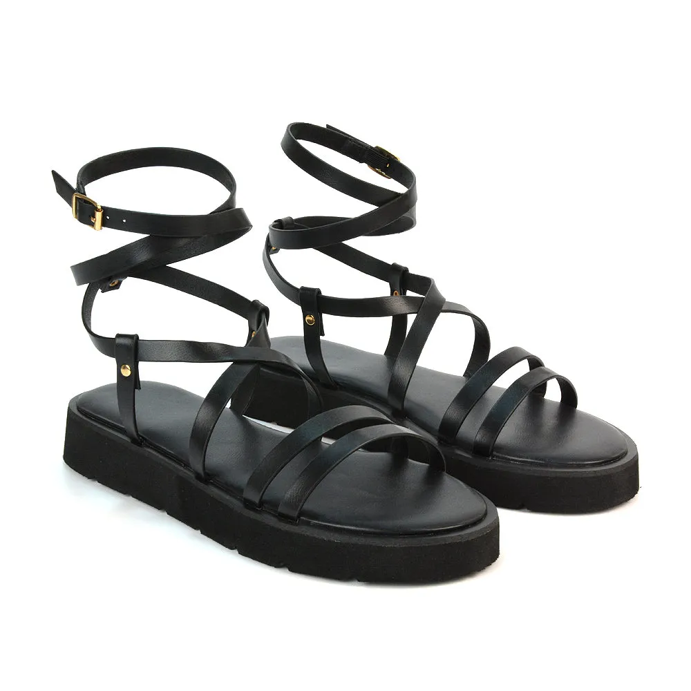 Luana Lace Up Strappy Flatform Festival Summer Flat Sandals in Black