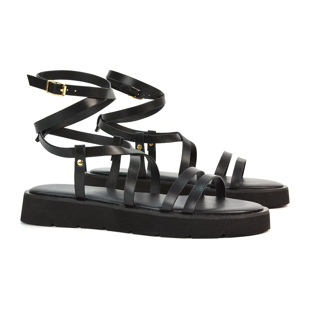 Luana Lace Up Strappy Flatform Festival Summer Flat Sandals in Black