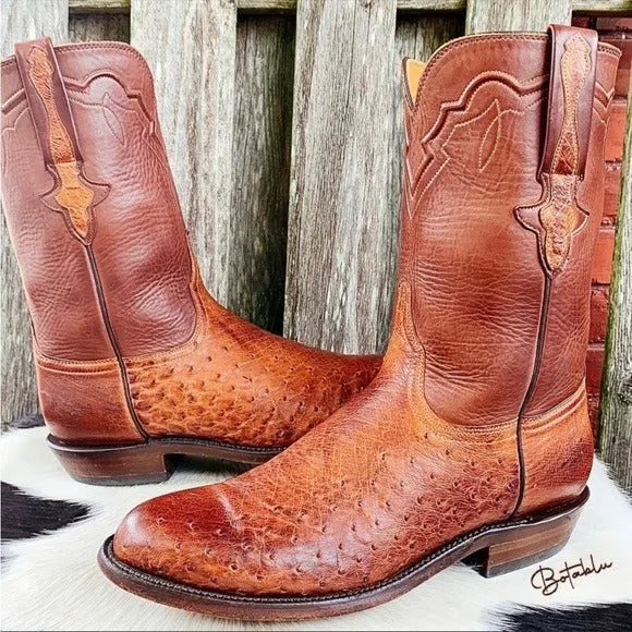 LUCCHESE Classics Handmade Ostrich Exotic Leather Roper Cowboy Western Boots