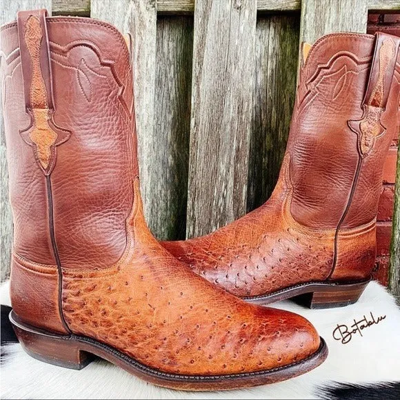 LUCCHESE Classics Handmade Ostrich Exotic Leather Roper Cowboy Western Boots