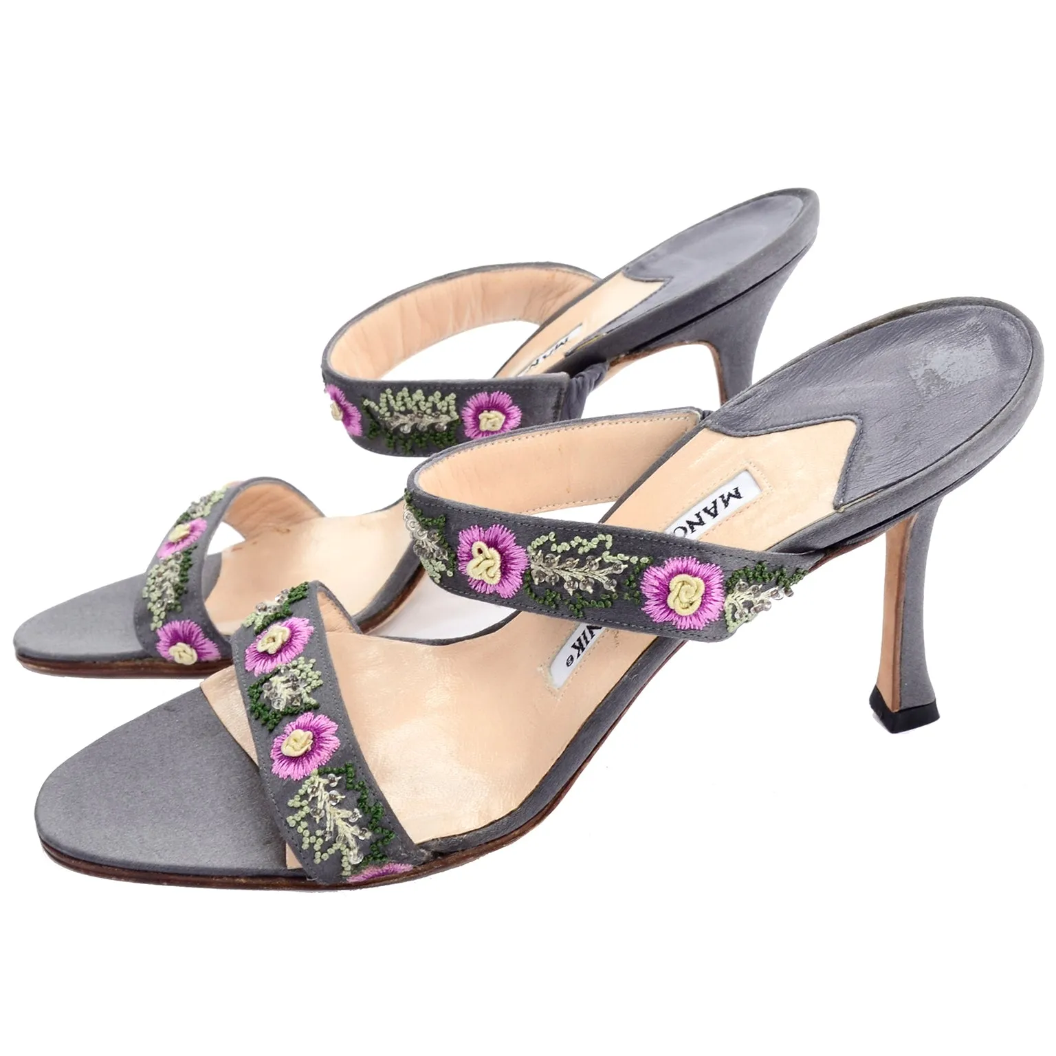 Manolo Blahnik Beaded Floral Slide Sandals w/ Pink Embroidered Flowers 8