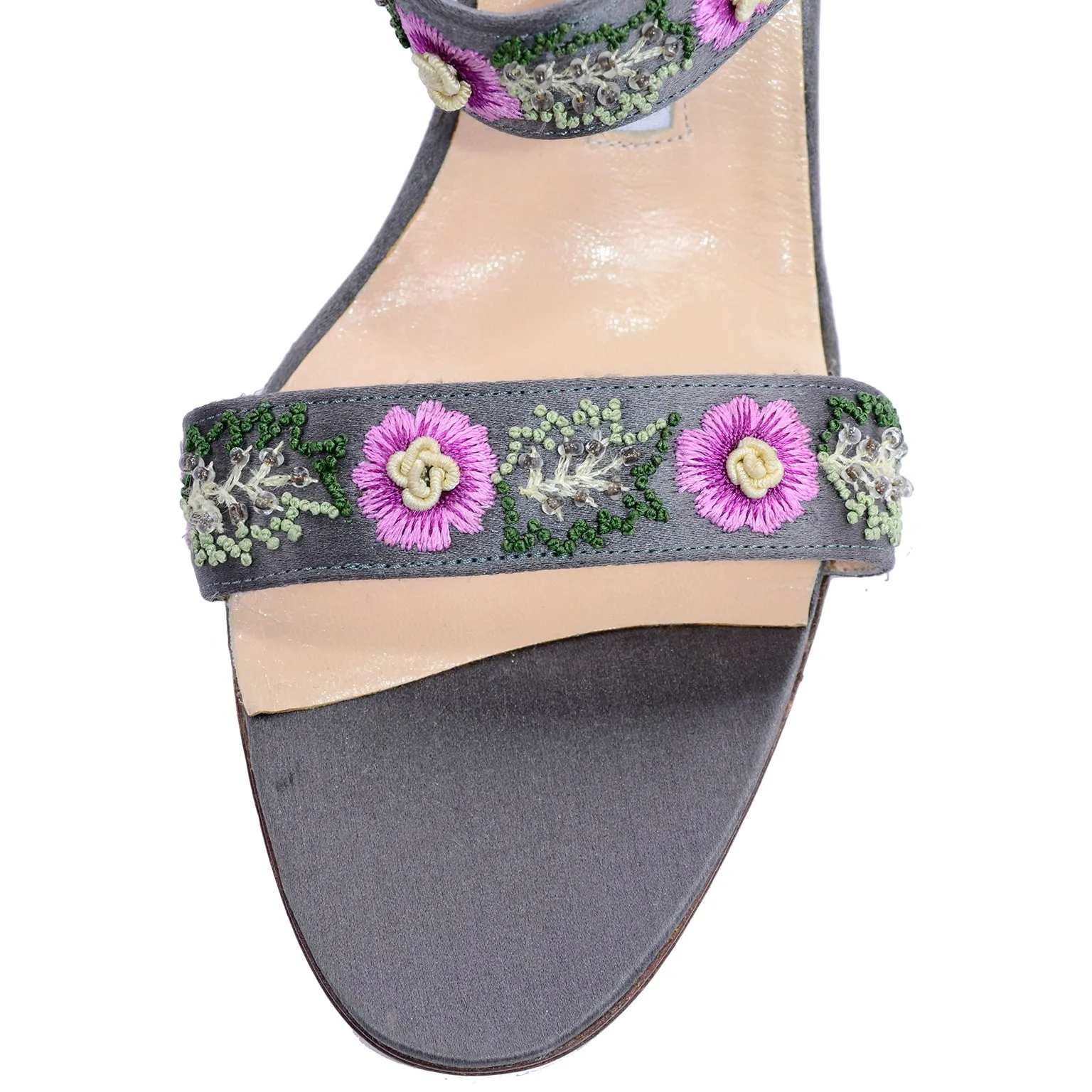 Manolo Blahnik Beaded Floral Slide Sandals w/ Pink Embroidered Flowers 8