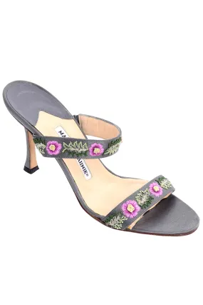 Manolo Blahnik Beaded Floral Slide Sandals w/ Pink Embroidered Flowers 8