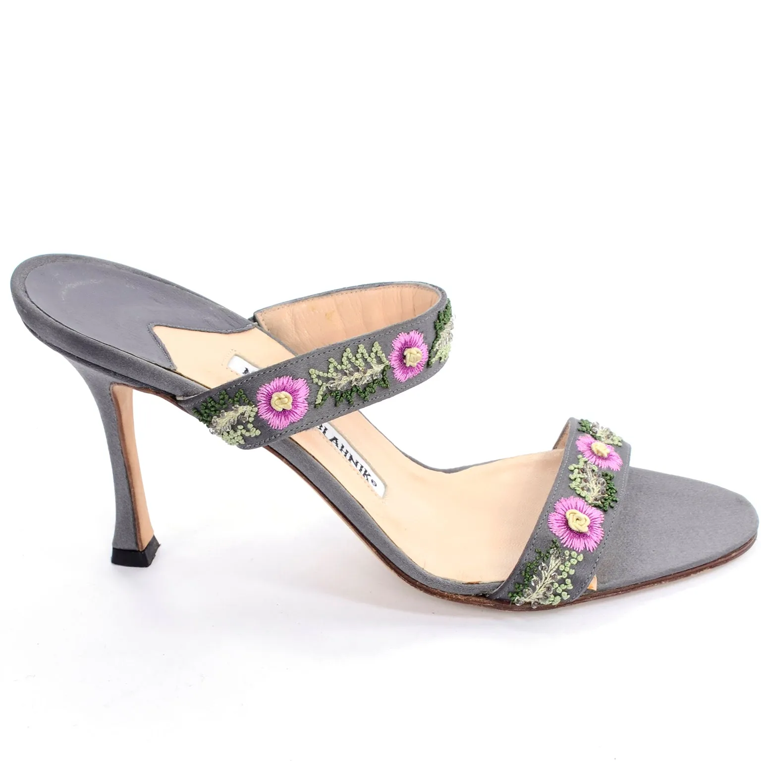 Manolo Blahnik Beaded Floral Slide Sandals w/ Pink Embroidered Flowers 8