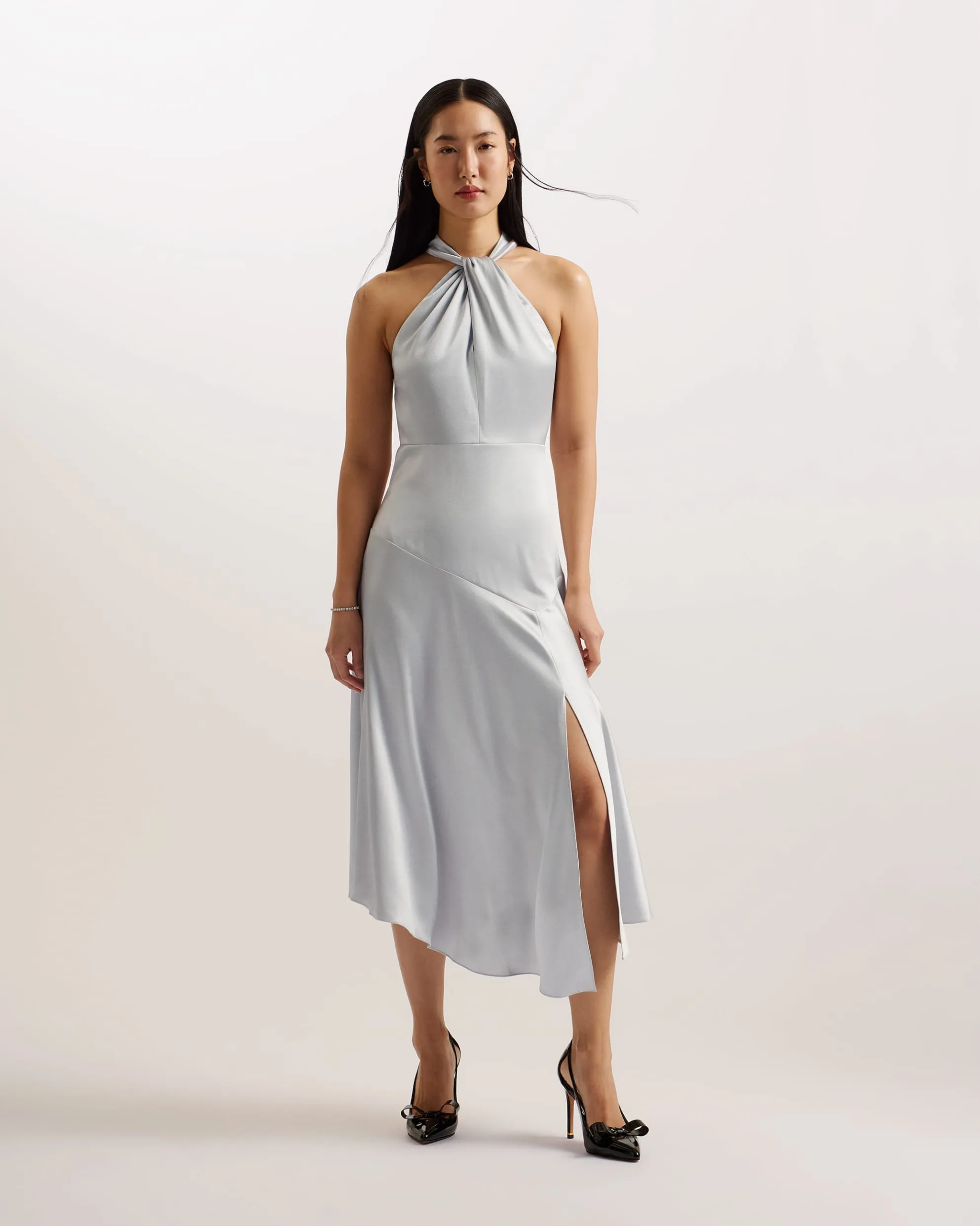 Masae Twist Neck Satin Asymmetric Midi Dress Lt-Grey