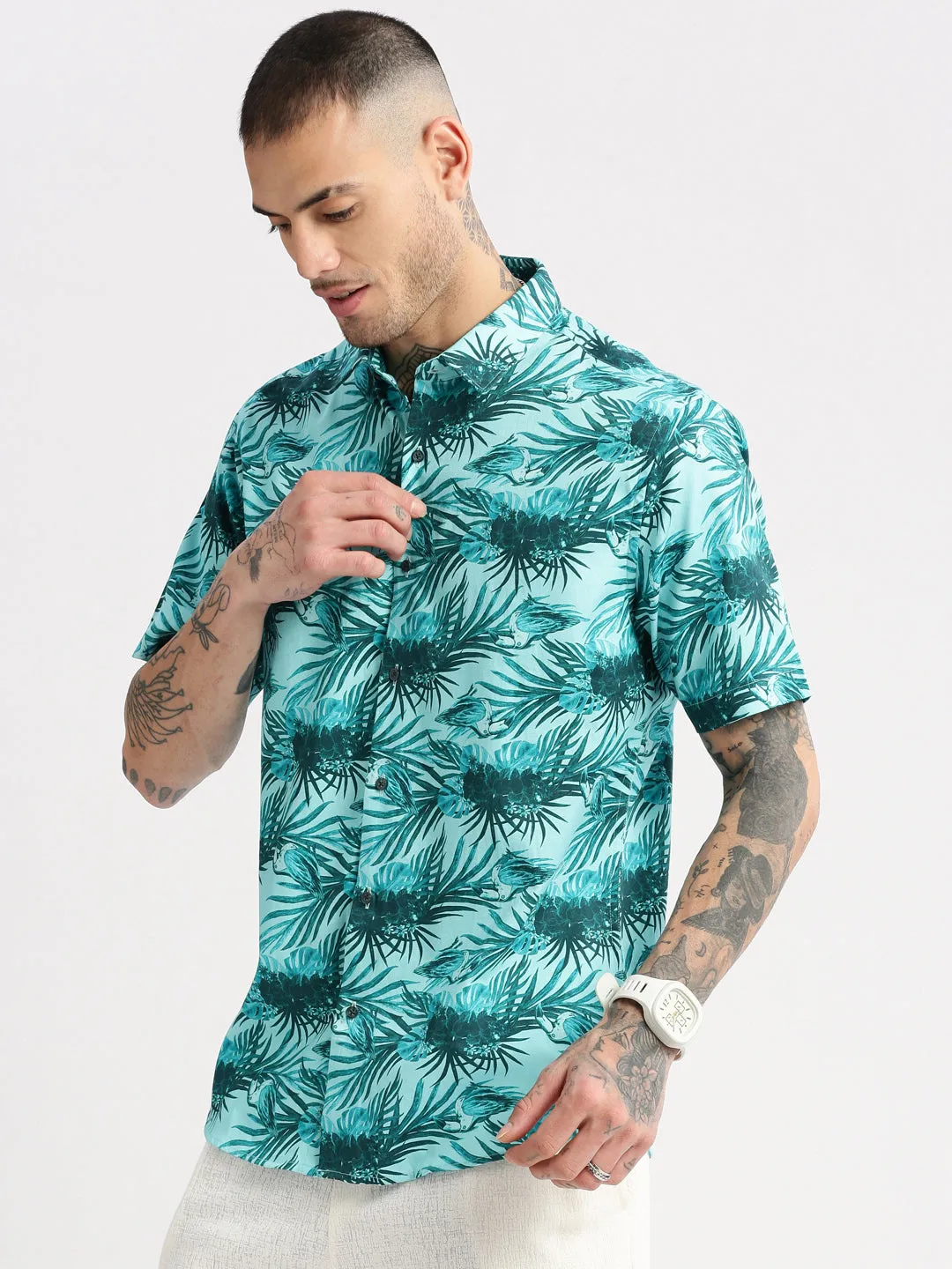 Men Spread Collar Floral Turquoise Blue Casual Shirt