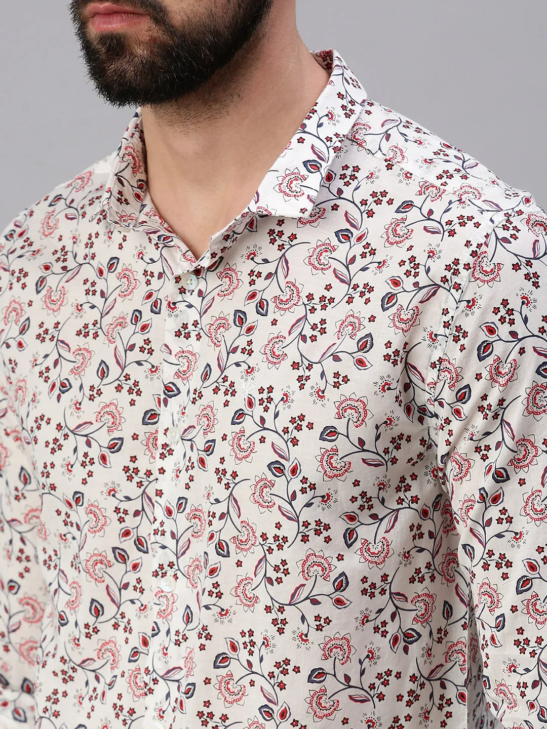 Men Spread Collar Printed Off White Shirt