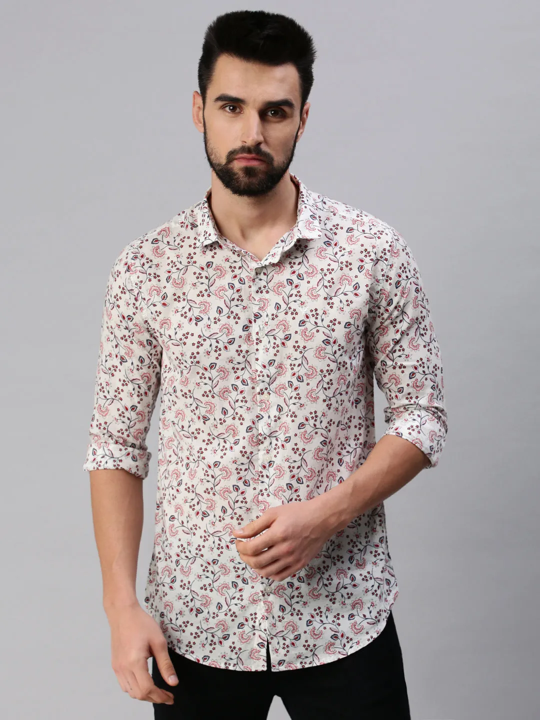 Men Spread Collar Printed Off White Shirt