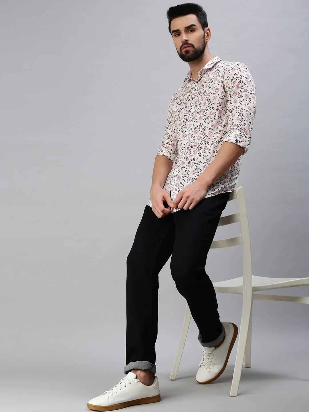 Men Spread Collar Printed Off White Shirt