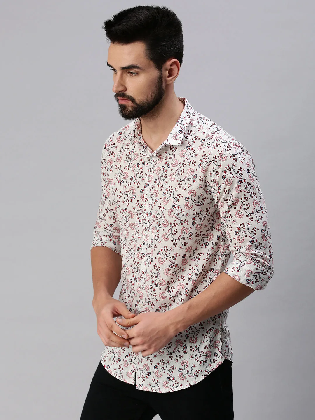 Men Spread Collar Printed Off White Shirt