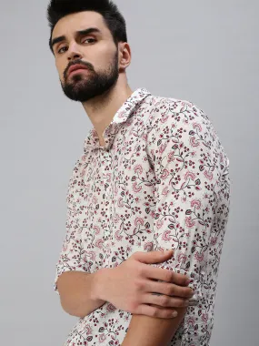 Men Spread Collar Printed Off White Shirt