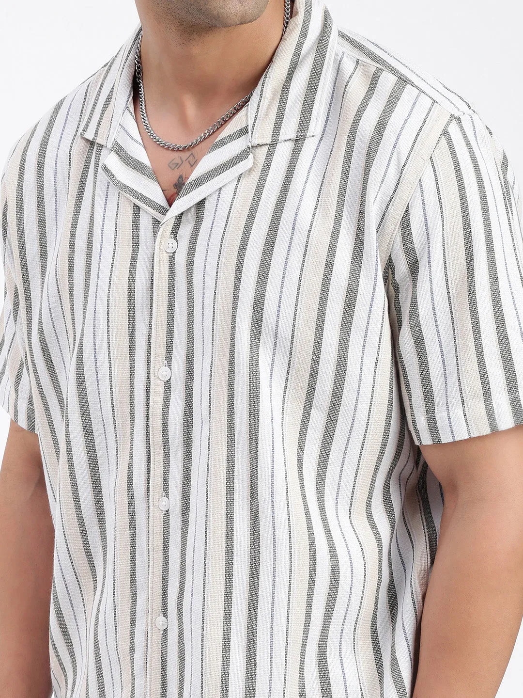 Men Striped White Co Ords Set