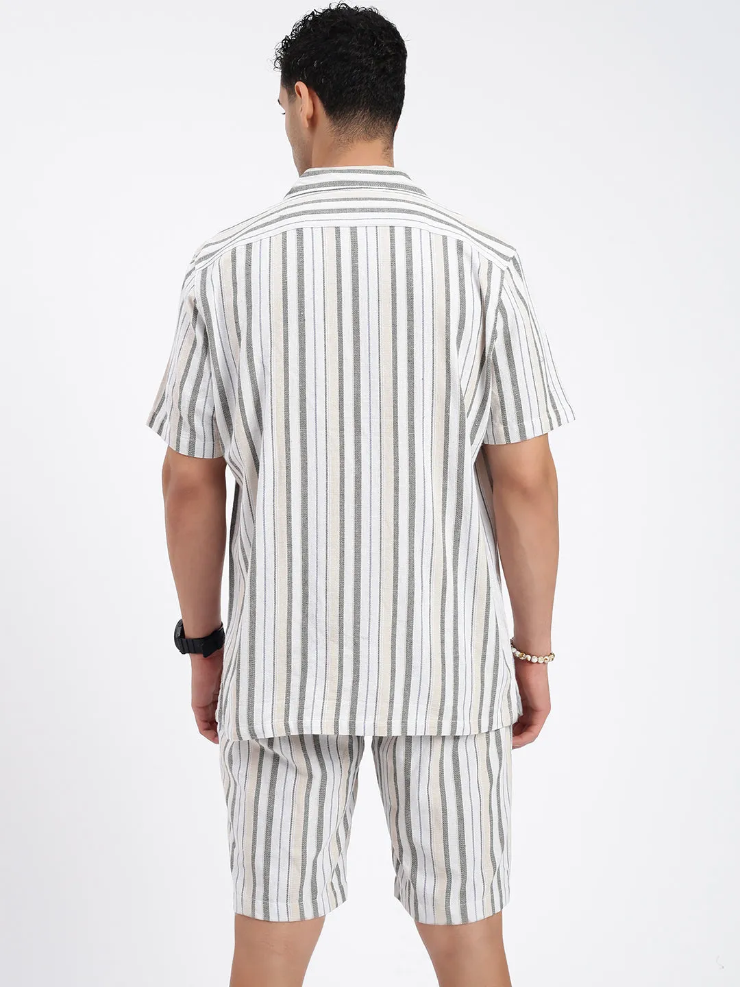 Men Striped White Co Ords Set