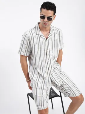 Men Striped White Co Ords Set