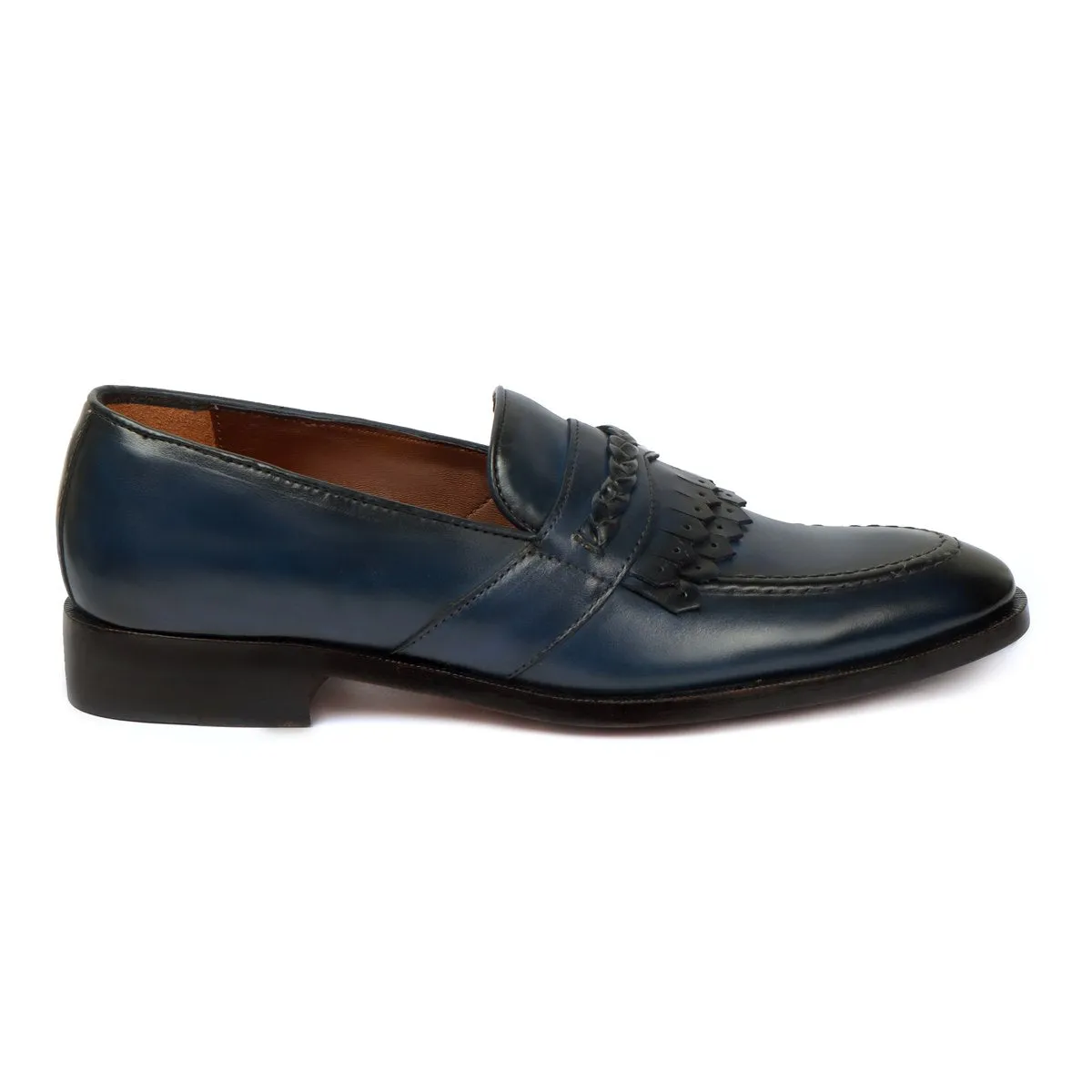 Men's Blue Leather Slip-On Loafers with Dual Fringes Weaved Strip by Brune & Bareskin