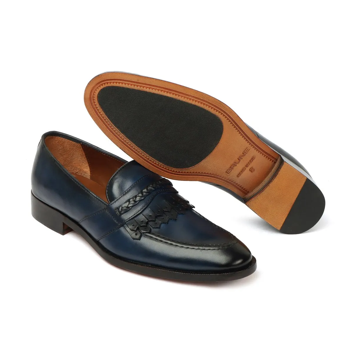 Men's Blue Leather Slip-On Loafers with Dual Fringes Weaved Strip by Brune & Bareskin