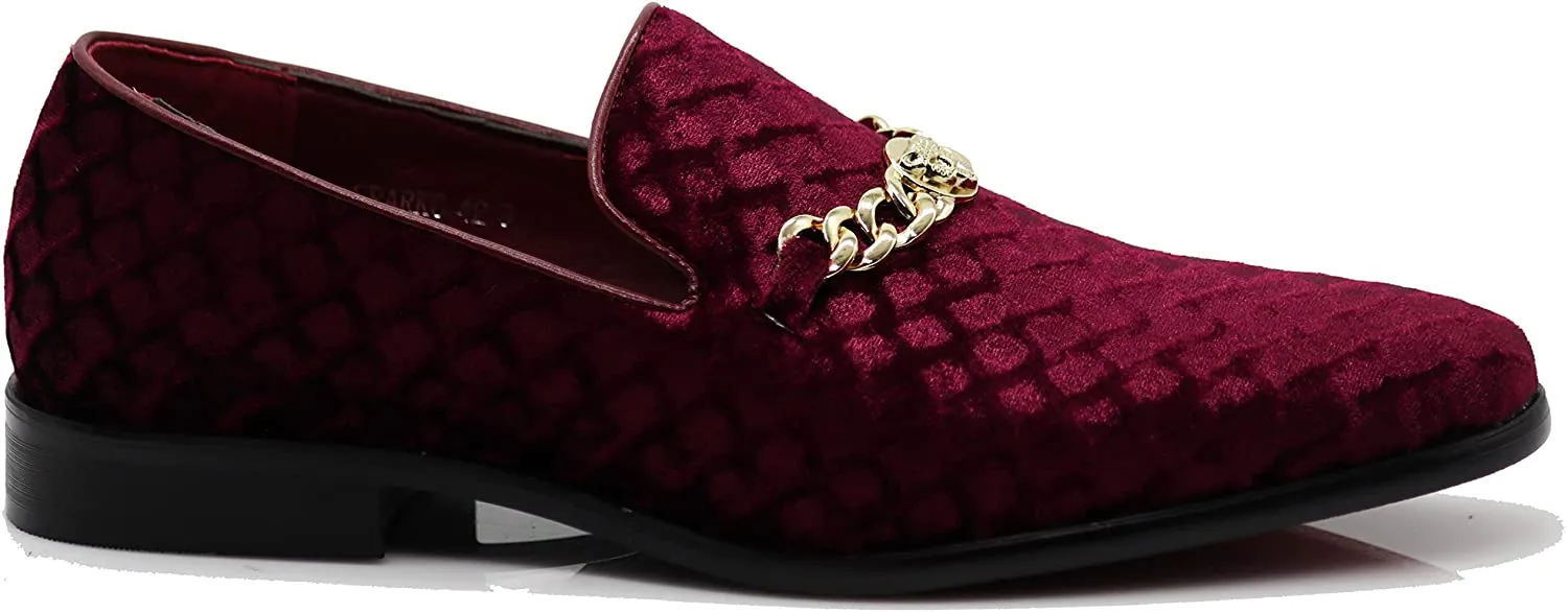 Men's Burgundy Satin Classic Gold Chain Tuxedo Dress Loafer