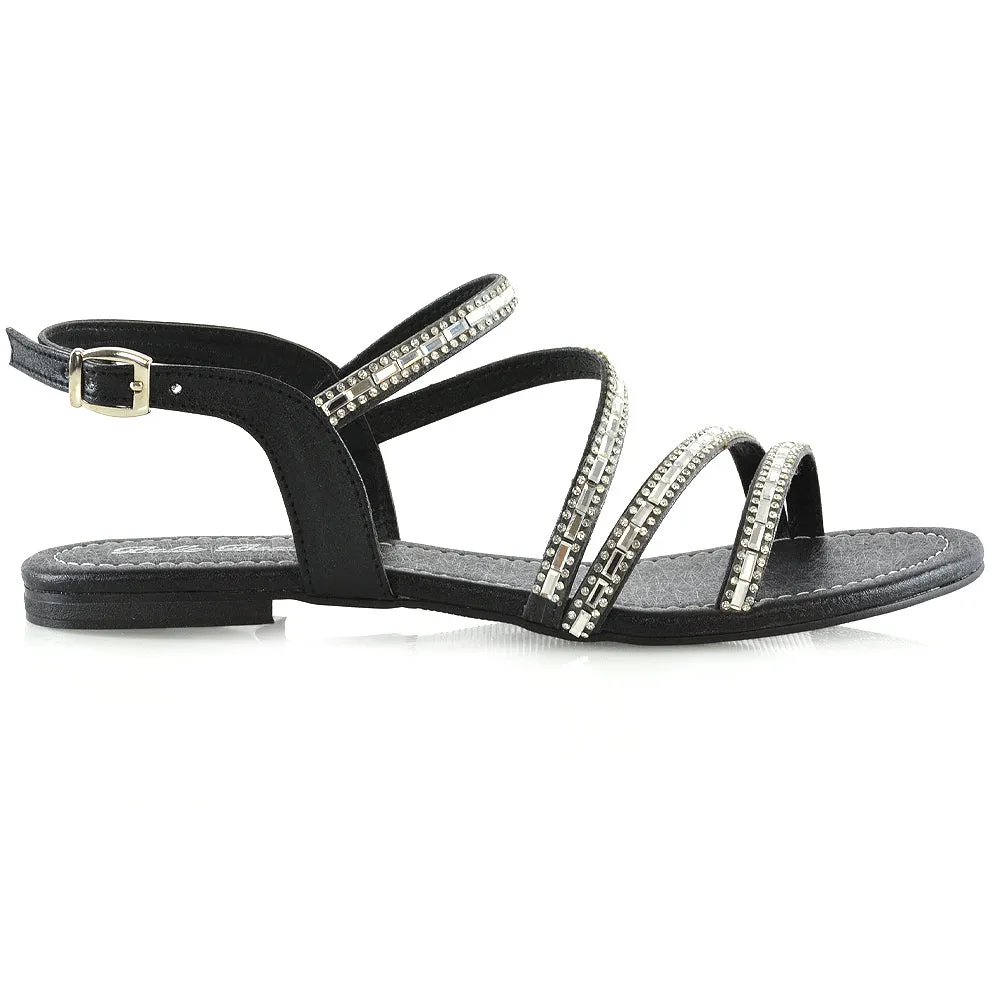 MERCEDES FLAT SOLE MIRROR DETAIL BUCKLE STRAPPY DIAMANTE SANDALS IN BLACK