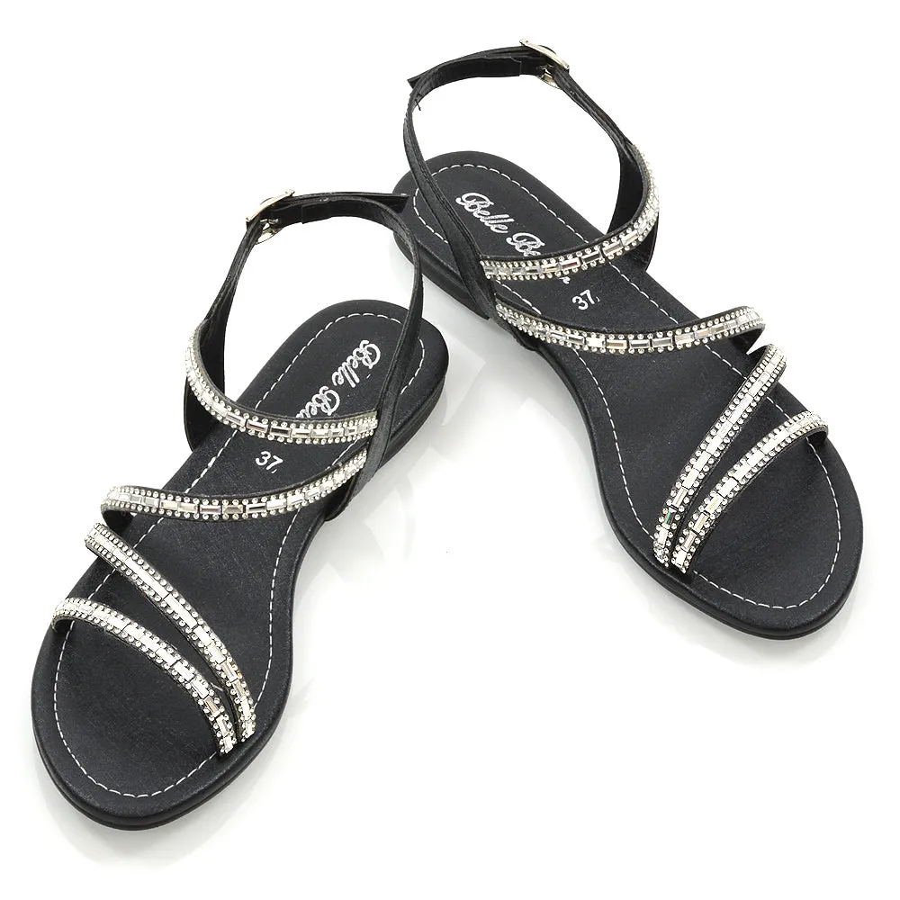 MERCEDES FLAT SOLE MIRROR DETAIL BUCKLE STRAPPY DIAMANTE SANDALS IN BLACK