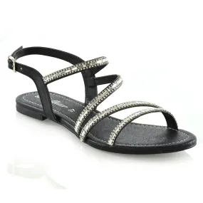 MERCEDES FLAT SOLE MIRROR DETAIL BUCKLE STRAPPY DIAMANTE SANDALS IN BLACK