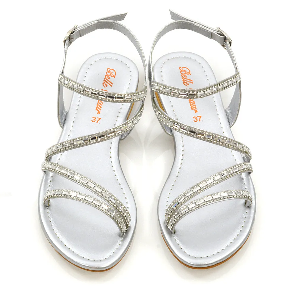 MERCEDES FLAT SOLE MIRROR DETAIL BUCKLE STRAPPY DIAMANTE SANDALS IN SILVER