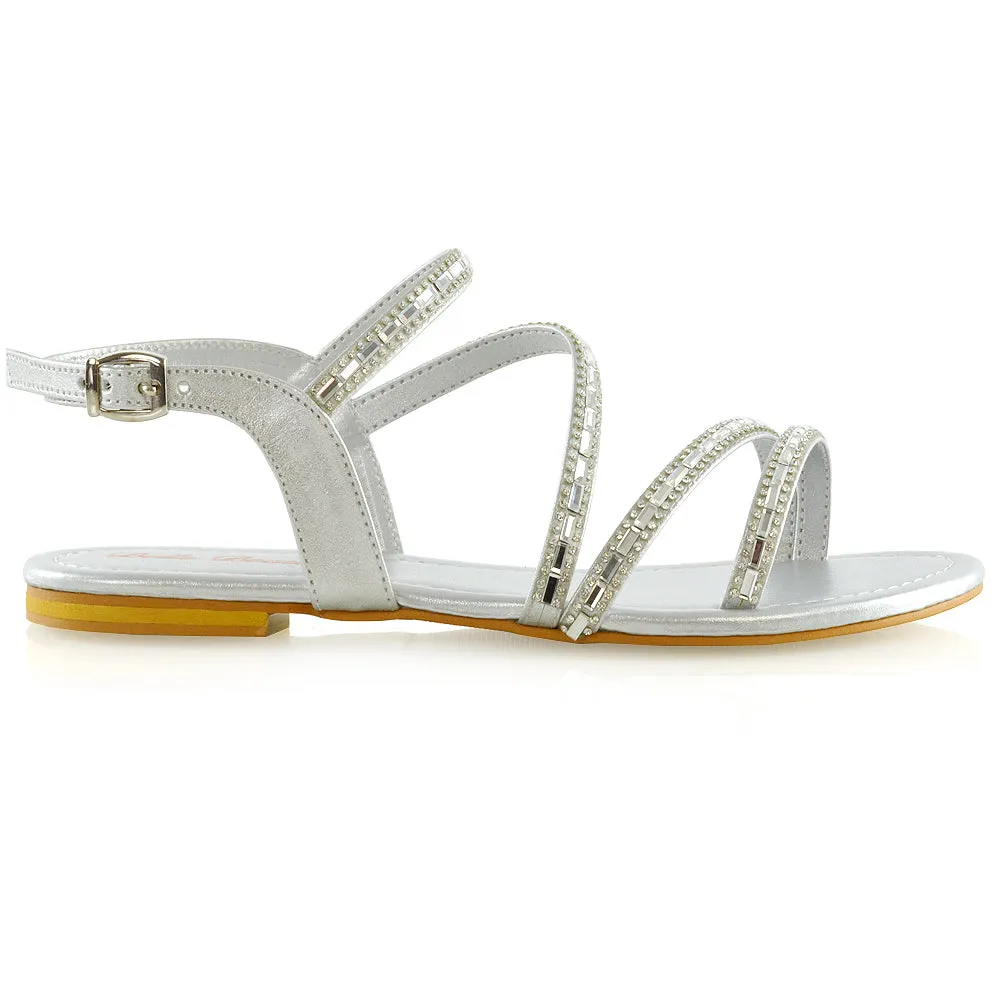 MERCEDES FLAT SOLE MIRROR DETAIL BUCKLE STRAPPY DIAMANTE SANDALS IN SILVER