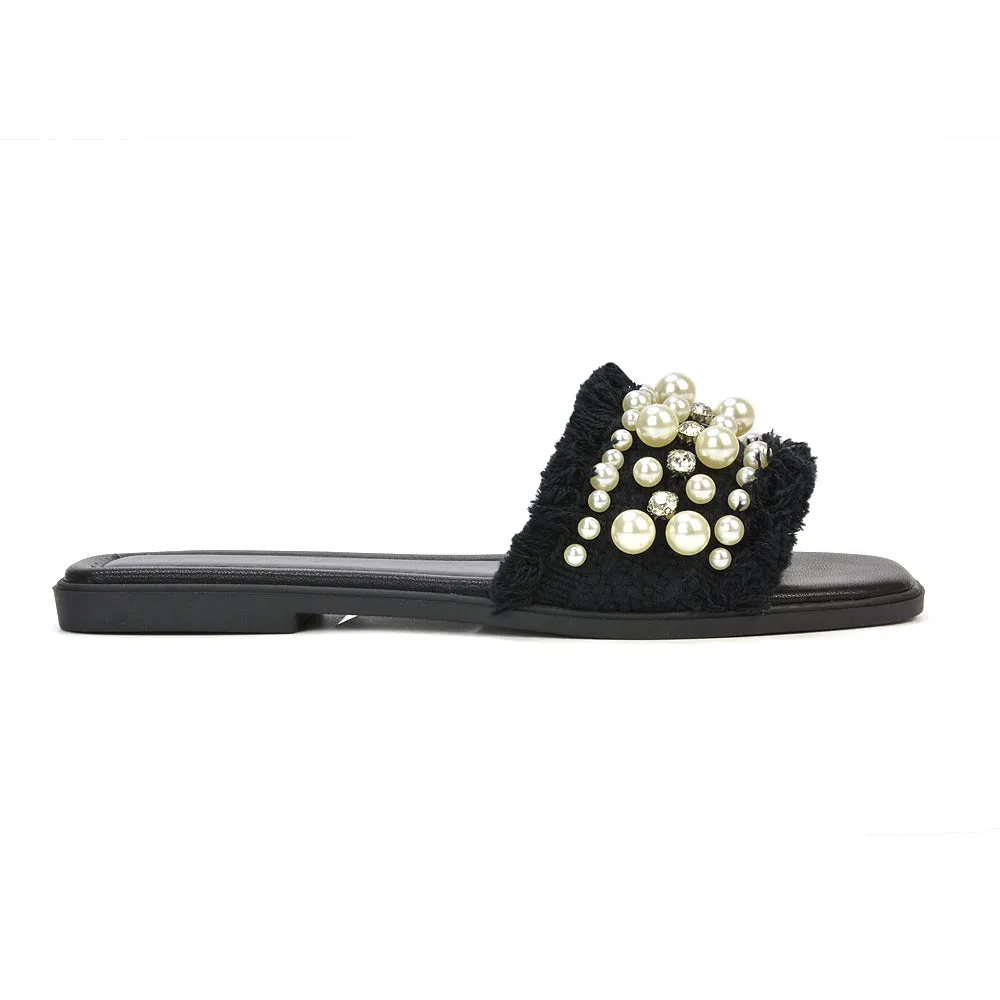 Nads Diamante Pearl Material Square Toe Summer Sandals With a Flat Heel in Black