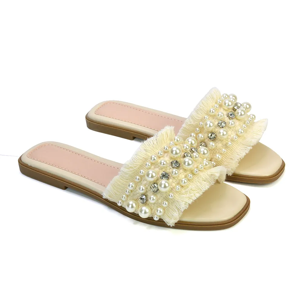 Nads Diamante Pearl Material Square Toe Summer Sandals With a Flat Heel in Black