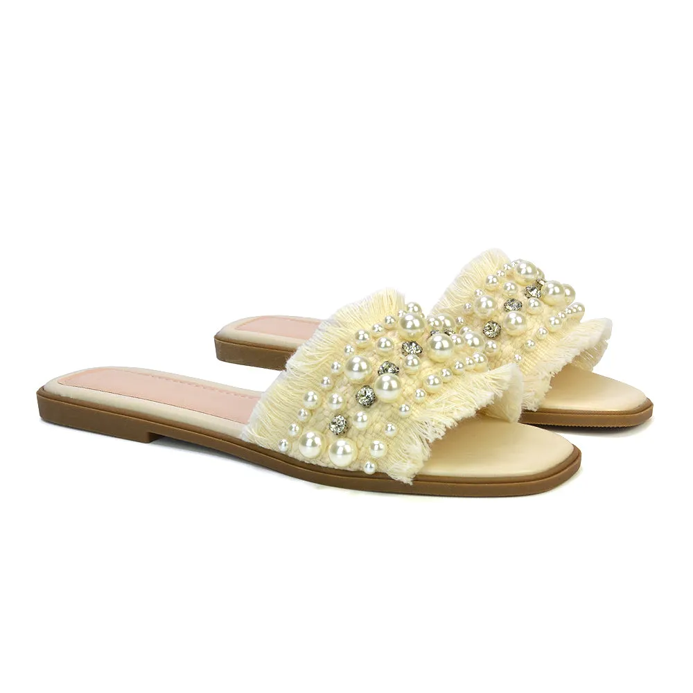 Nads Diamante Pearl Material Square Toe Summer Sandals With a Flat Heel in Black