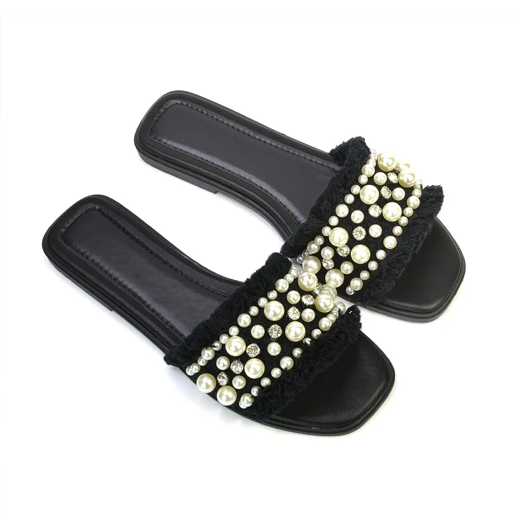 Nads Diamante Pearl Material Square Toe Summer Sandals With a Flat Heel in Black