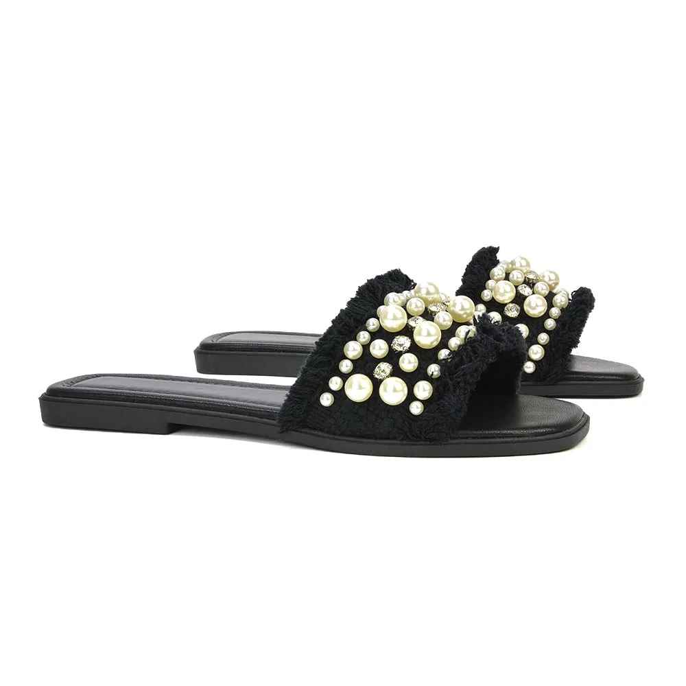 Nads Diamante Pearl Material Square Toe Summer Sandals With a Flat Heel in Black