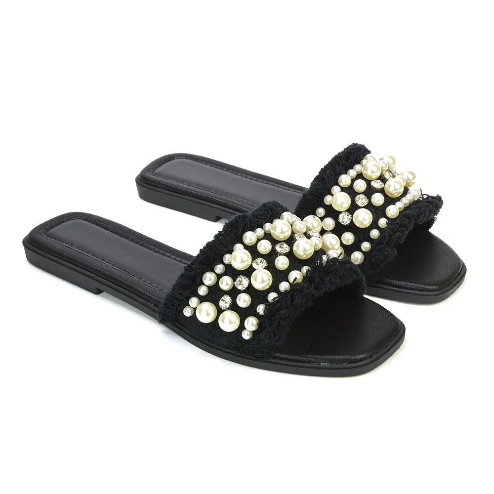 Nads Diamante Pearl Material Square Toe Summer Sandals With a Flat Heel in Black