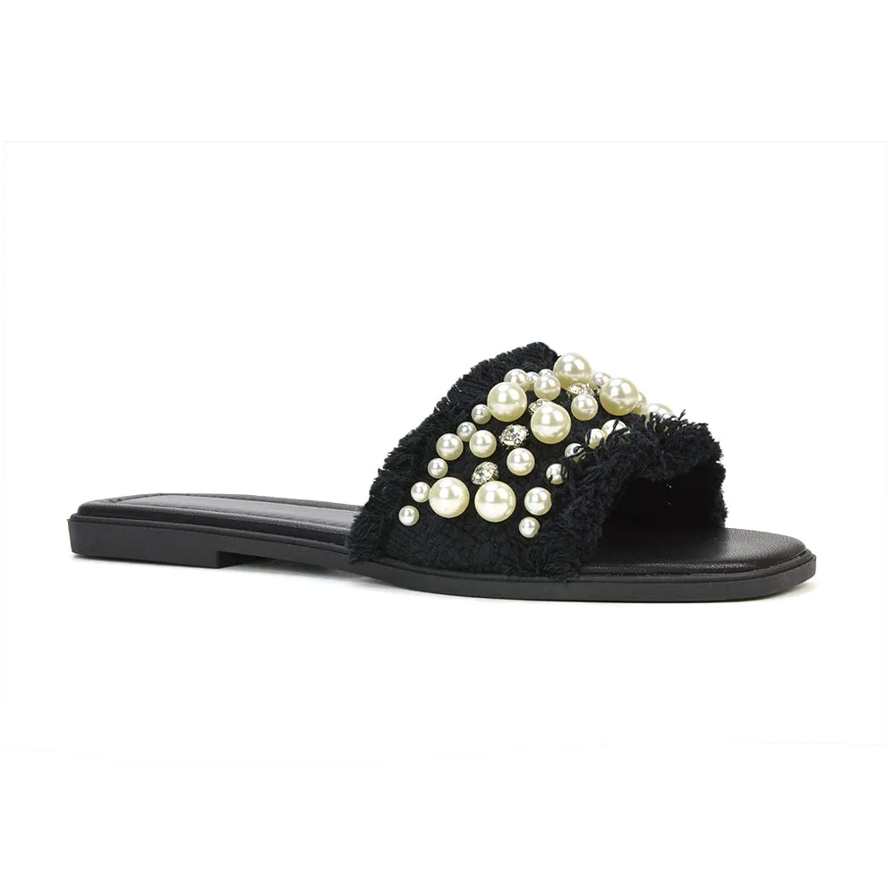 Nads Diamante Pearl Material Square Toe Summer Sandals With a Flat Heel in Black