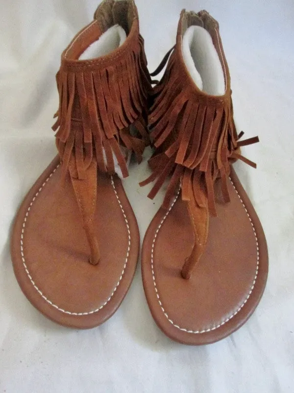 NEW Womens KALLI FRINGE Vegan LEATHER Flat Thong Sandals Shoes 7 BROWN Boho Indie