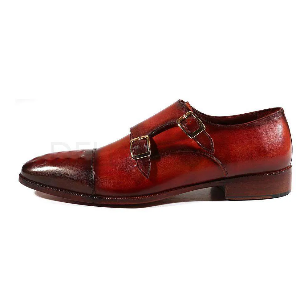 Paul Parkman Handmade Designer Shoes Men's Designer Shoes Studded Cap Toe Double Monkstraps Burgundy Loafers (PM2002)