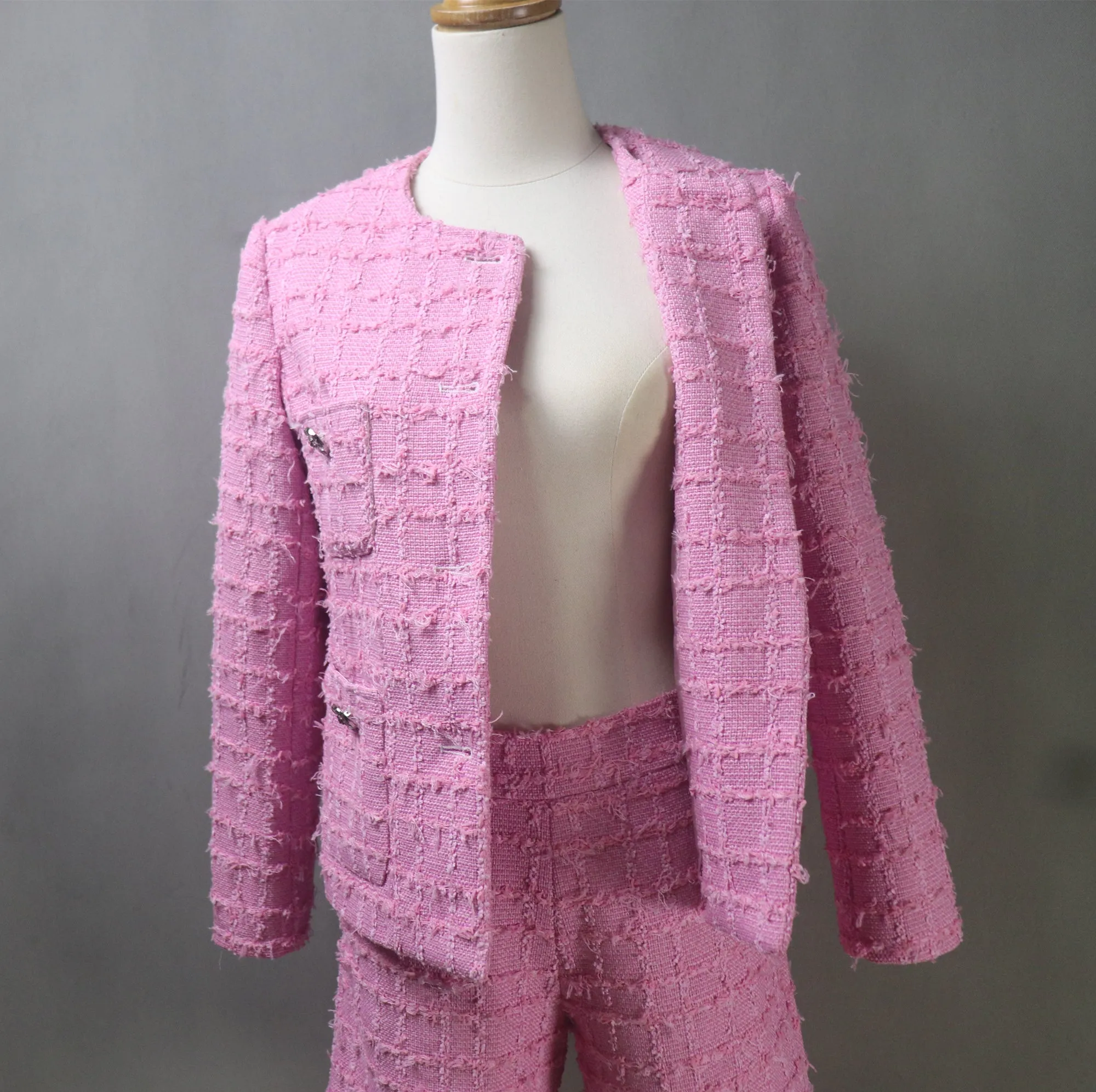 Pink Tweed Long Shorts Suit